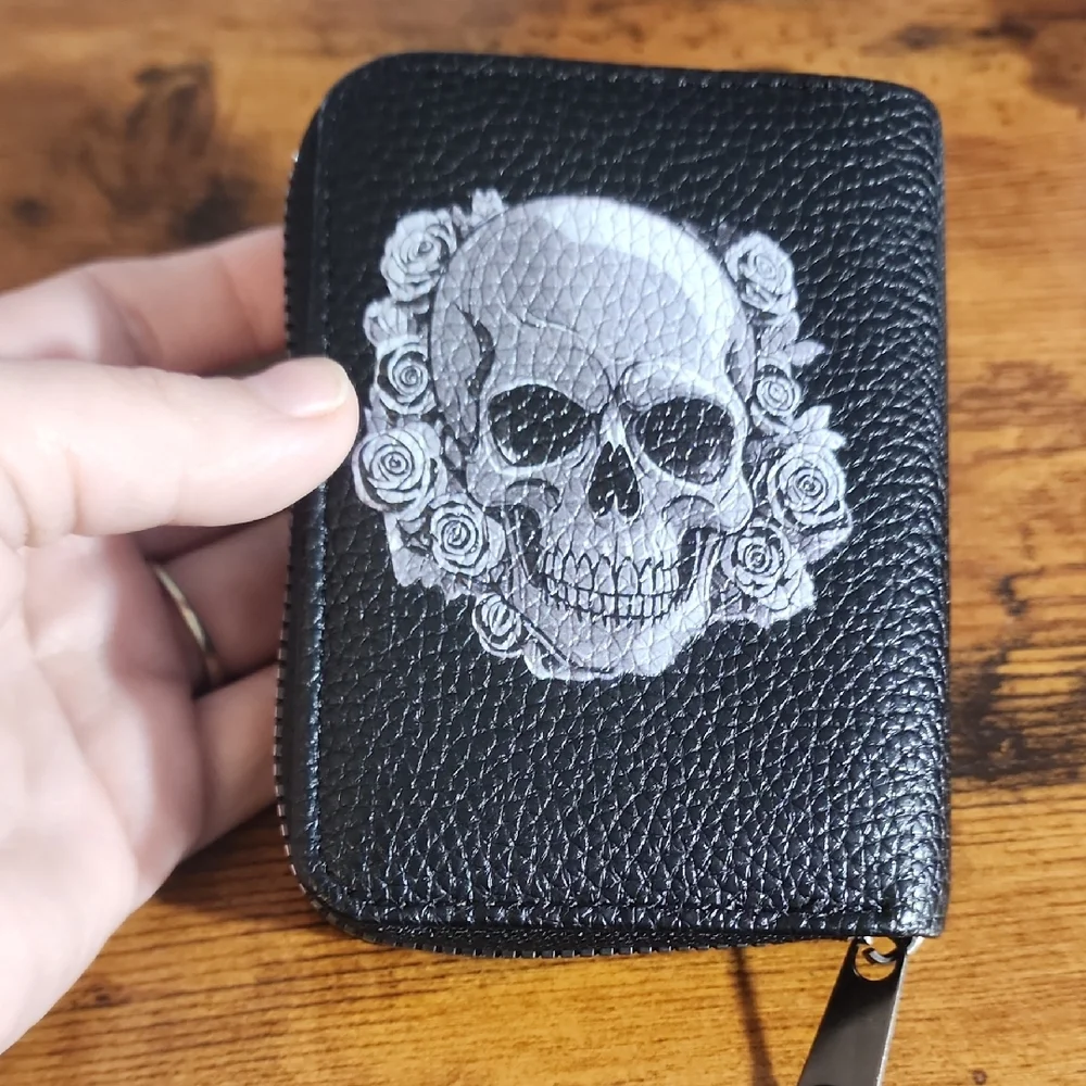 Gothic Black Skull And Floral Print Wallet Mutilfunctional Card Holder Zipper